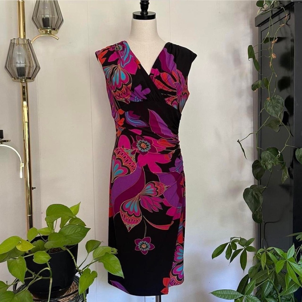 Evan-Picone Floral Midi Dress Womens 8 Black Purple Psychedelic Y2K Wrap V-Neck